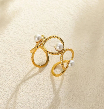 Stainless Steel Pearl Open Ring | Waterproof Hollow Geometry Ring Wholesale null