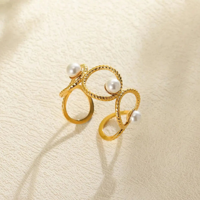 Stainless Steel Pearl Open Ring | Waterproof Hollow Geometry Ring Wholesale null