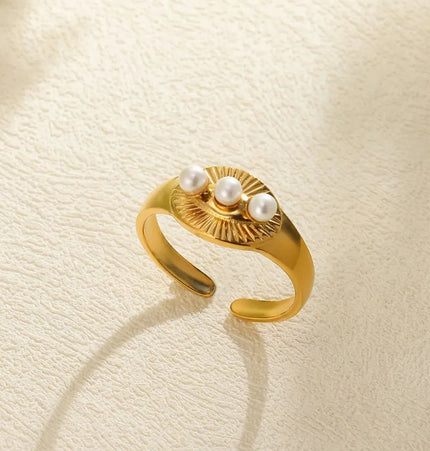 Stainless Steel Pearl Open Ring | Waterproof Hollow Geometry Ring Wholesale null