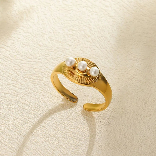 Stainless Steel Pearl Open Ring | Waterproof Hollow Geometry Ring Wholesale null