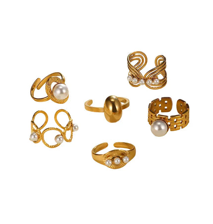 Stainless Steel Pearl Open Ring | Waterproof Hollow Geometry Ring Wholesale null