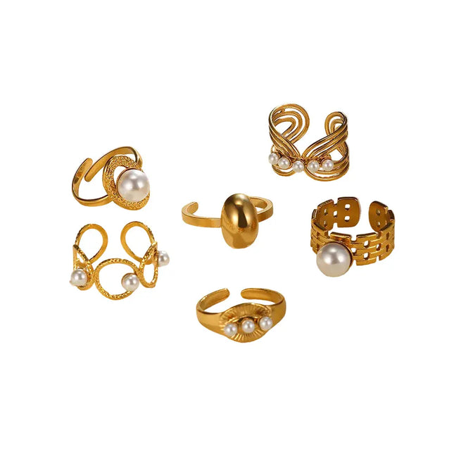 Stainless Steel Pearl Open Ring | Waterproof Hollow Geometry Ring Wholesale null