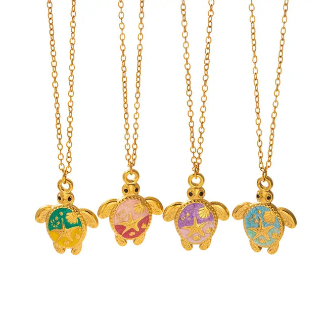 Painted Turtle Pendant Necklace in Titanium Steel null