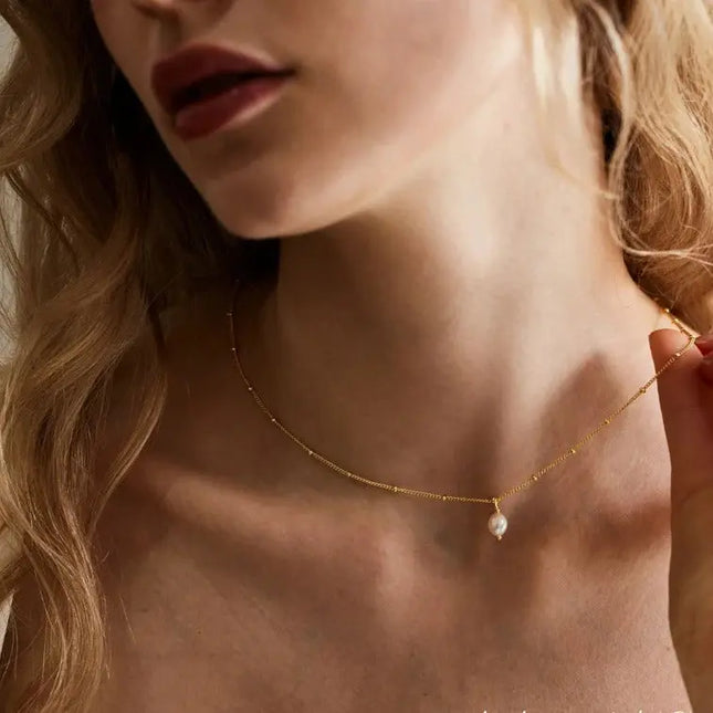 18K Stainless Steel Pearl Drop Necklace null