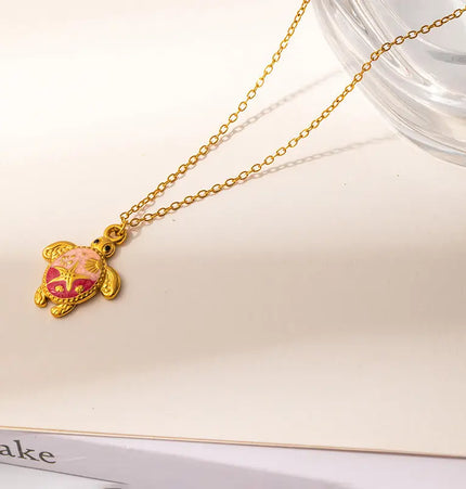 Painted Turtle Pendant Necklace in Titanium Steel null