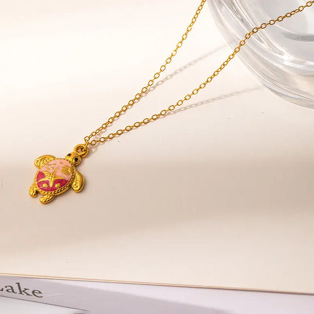 Painted Turtle Pendant Necklace in Titanium Steel null