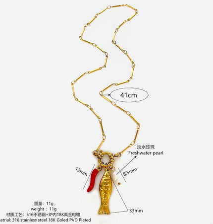 Stainless Steel Koi Fish Oil-Drizzling Chili Freshwater Pearl Necklace For Women null