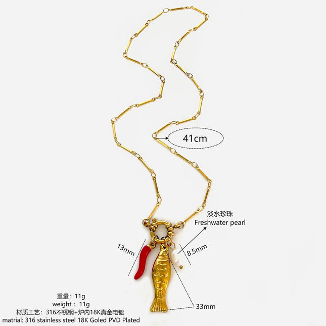 Stainless Steel Koi Fish Oil-Drizzling Chili Freshwater Pearl Necklace For Women null