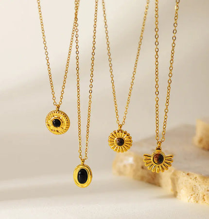 Vintage Sunflower Natural Stone Necklace | 304 Stainless Steel Waterproof Pendant Wholesale null