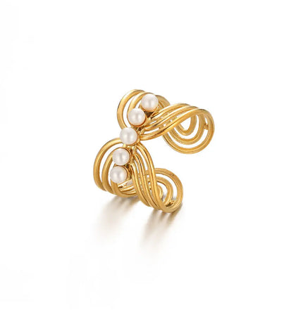 Stainless Steel Pearl Open Ring | Waterproof Hollow Geometry Ring Wholesale null