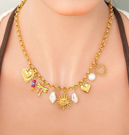 18K Gold Plated Stainless Steel Sun & Heart Charm Necklace null