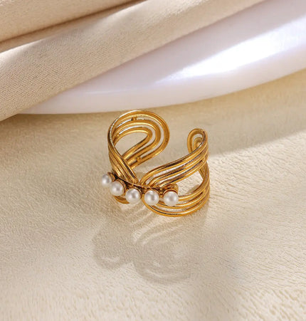 Stainless Steel Pearl Open Ring | Waterproof Hollow Geometry Ring Wholesale null