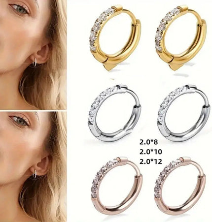 Gold-Plated Titanium Steel Hoop Earrings with Zircon Stones null