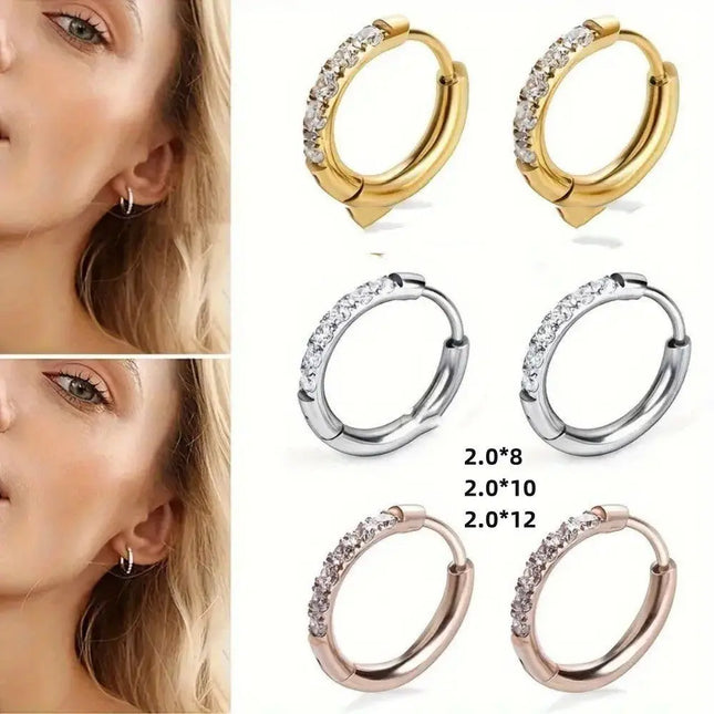 Gold-Plated Titanium Steel Hoop Earrings with Zircon Stones null