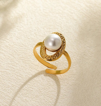 Stainless Steel Pearl Open Ring | Waterproof Hollow Geometry Ring Wholesale null