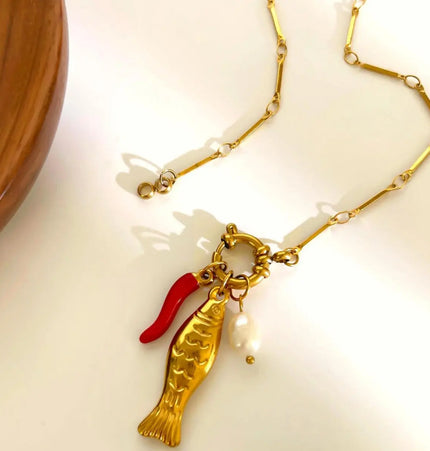 Stainless Steel Koi Fish Oil-Drizzling Chili Freshwater Pearl Necklace For Women null