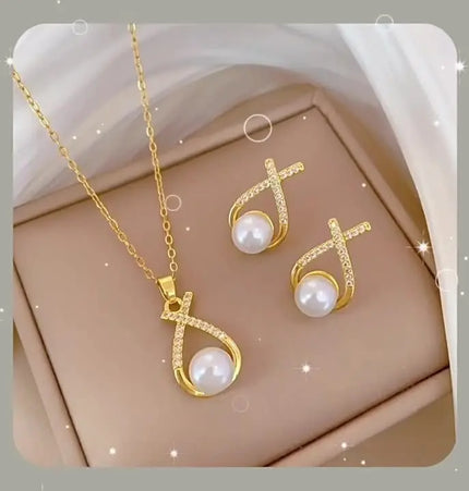 Light Luxury Cross Pearl Necklace & Earrings Set null