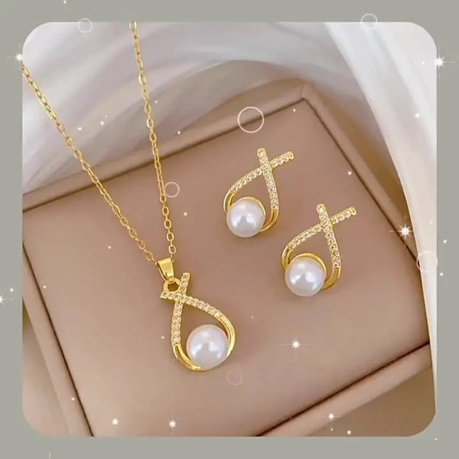 Light Luxury Cross Pearl Necklace & Earrings Set null