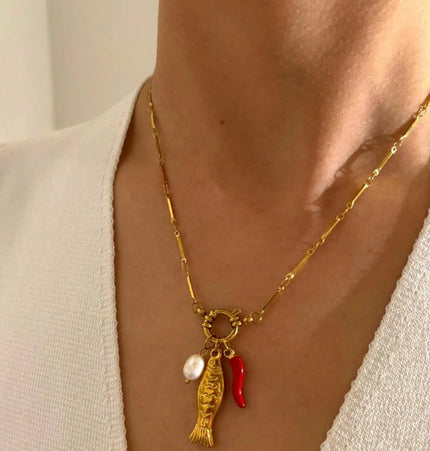 Stainless Steel Koi Fish Oil-Drizzling Chili Freshwater Pearl Necklace For Women null