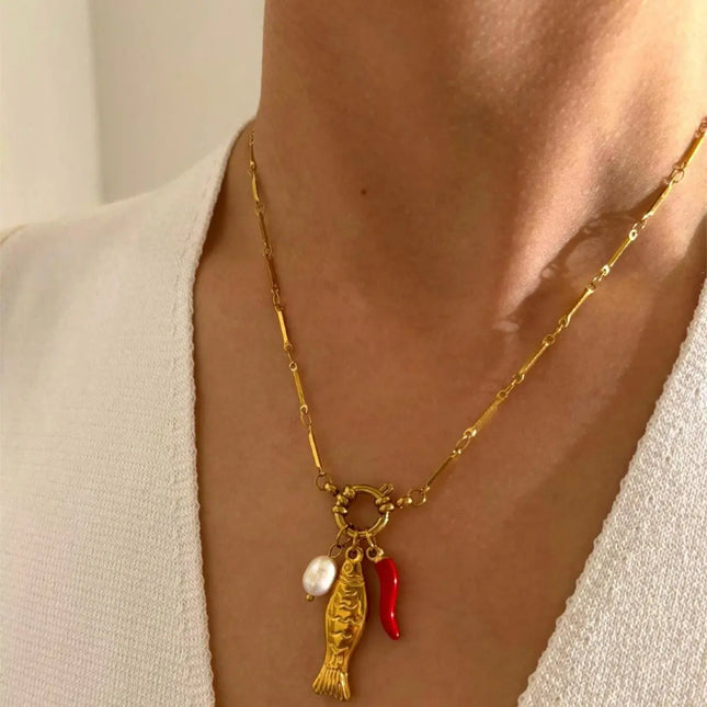 Stainless Steel Koi Fish Oil-Drizzling Chili Freshwater Pearl Necklace For Women null