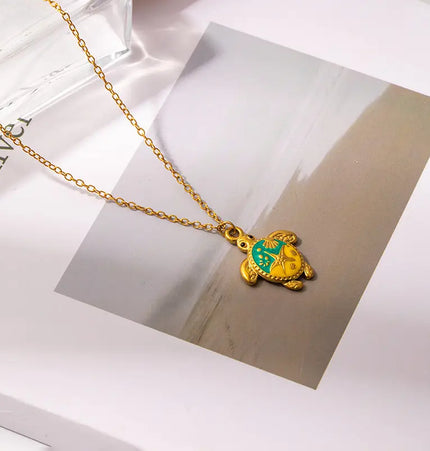 Painted Turtle Pendant Necklace in Titanium Steel null