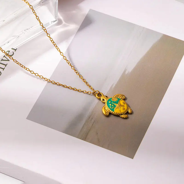 Painted Turtle Pendant Necklace in Titanium Steel null