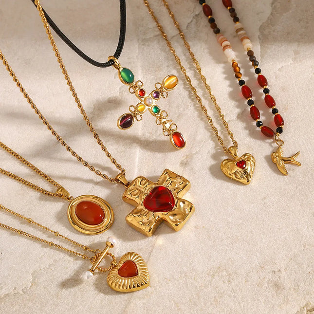 Stainless Steel Red Agate Cross Necklace null