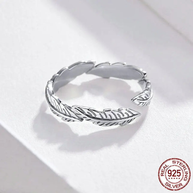 925 Sterling Silver Feather Adjustable Ring null