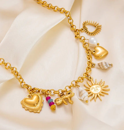 18K Gold Plated Stainless Steel Sun & Heart Charm Necklace null
