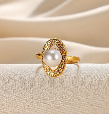 Stainless Steel Pearl Open Ring | Waterproof Hollow Geometry Ring Wholesale null