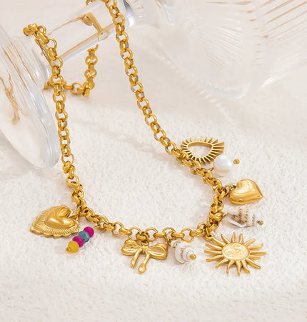 18K Gold Plated Stainless Steel Sun & Heart Charm Necklace null