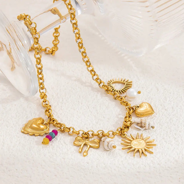 18K Gold Plated Stainless Steel Sun & Heart Charm Necklace null