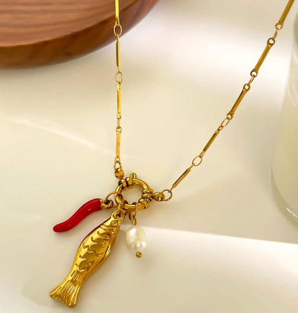 Stainless Steel Koi Fish Oil-Drizzling Chili Freshwater Pearl Necklace For Women null