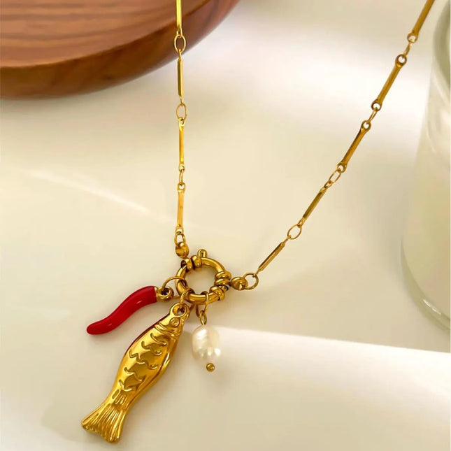 Stainless Steel Koi Fish Oil-Drizzling Chili Freshwater Pearl Necklace For Women null