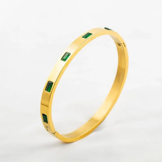 Stainless Steel Bangle Bracelet with Inlaid Green Stones – Non-Tarnish Finish null