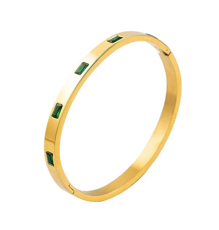 Stainless Steel Bangle Bracelet with Inlaid Green Stones – Non-Tarnish Finish null