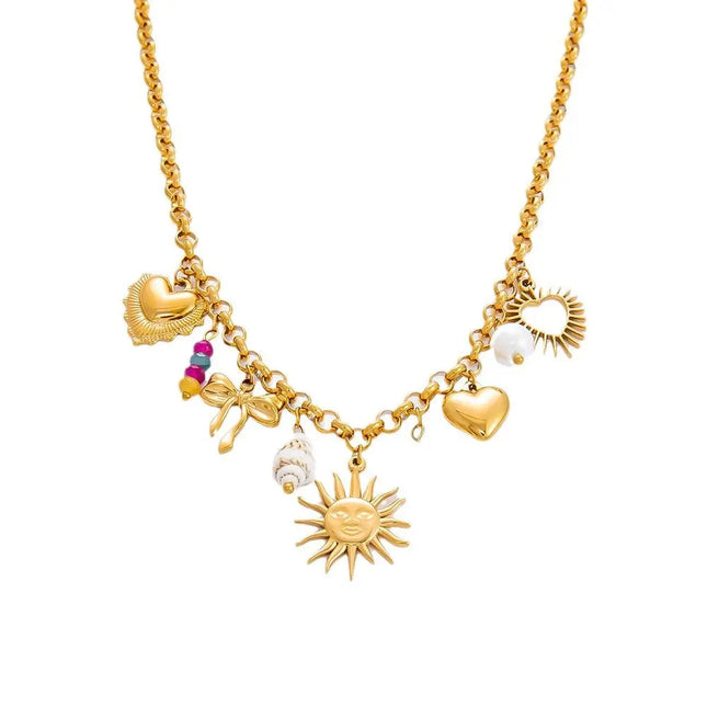18K Gold Plated Stainless Steel Sun & Heart Charm Necklace null