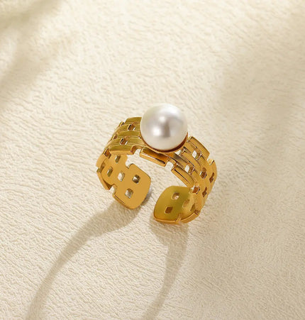 Stainless Steel Pearl Open Ring | Waterproof Hollow Geometry Ring Wholesale null