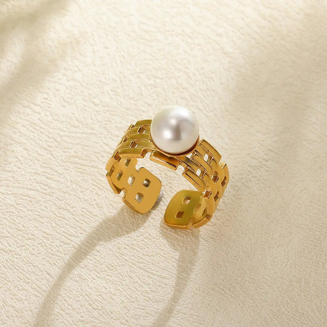 Stainless Steel Pearl Open Ring | Waterproof Hollow Geometry Ring Wholesale null