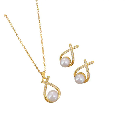 Light Luxury Cross Pearl Necklace & Earrings Set null
