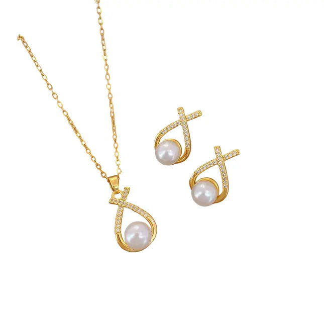 Light Luxury Cross Pearl Necklace & Earrings Set null