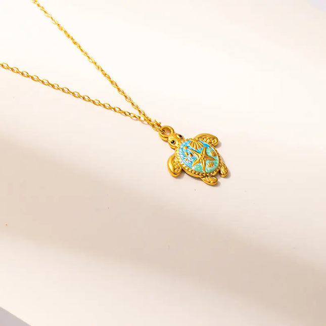 Painted Turtle Pendant Necklace in Titanium Steel null
