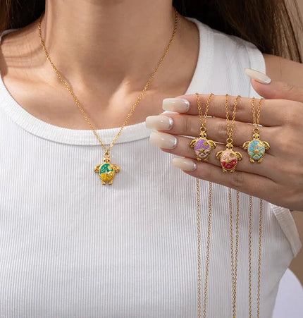 Painted Turtle Pendant Necklace in Titanium Steel null