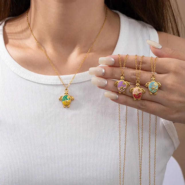 Painted Turtle Pendant Necklace in Titanium Steel null