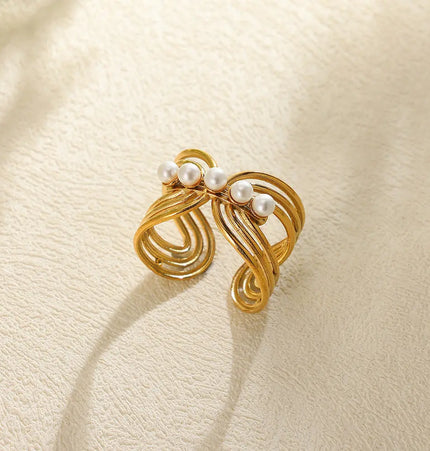 Stainless Steel Pearl Open Ring | Waterproof Hollow Geometry Ring Wholesale null