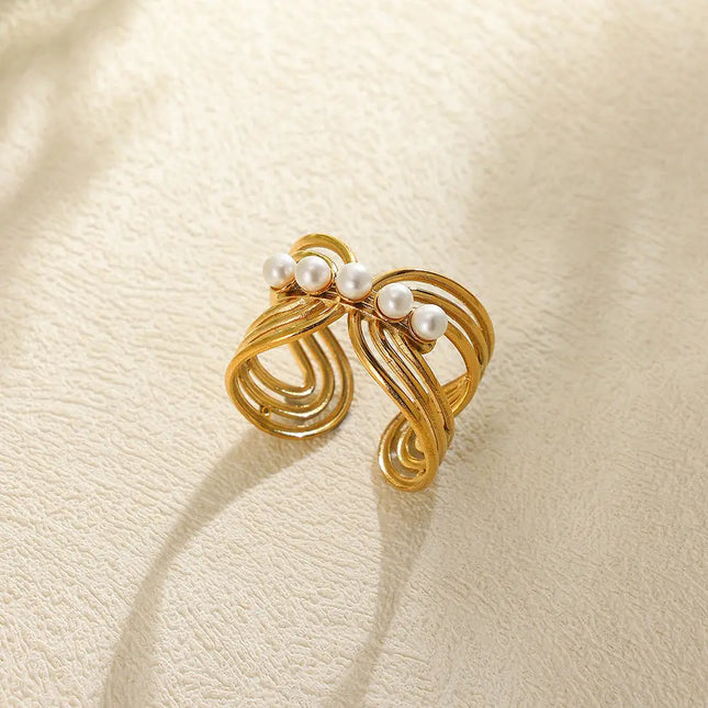 Stainless Steel Pearl Open Ring | Waterproof Hollow Geometry Ring Wholesale null