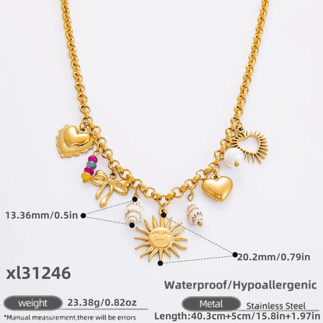 18K Gold Plated Stainless Steel Sun & Heart Charm Necklace null