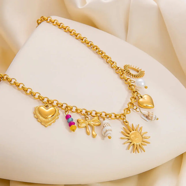 18K Gold Plated Stainless Steel Sun & Heart Charm Necklace null