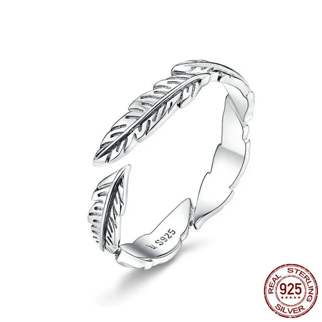 925 Sterling Silver Feather Adjustable Ring null