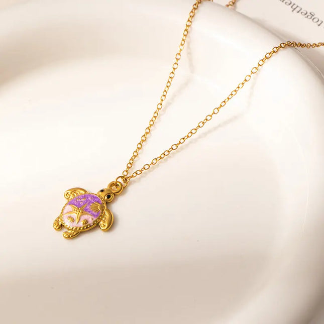 Painted Turtle Pendant Necklace in Titanium Steel null